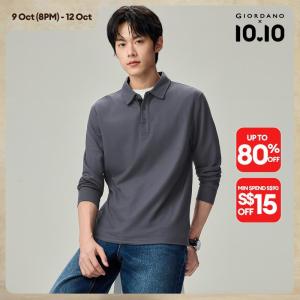 Giordano Beau Monde Men Contrast placket long sleeve pique polo shirt Free Shipping 13016622