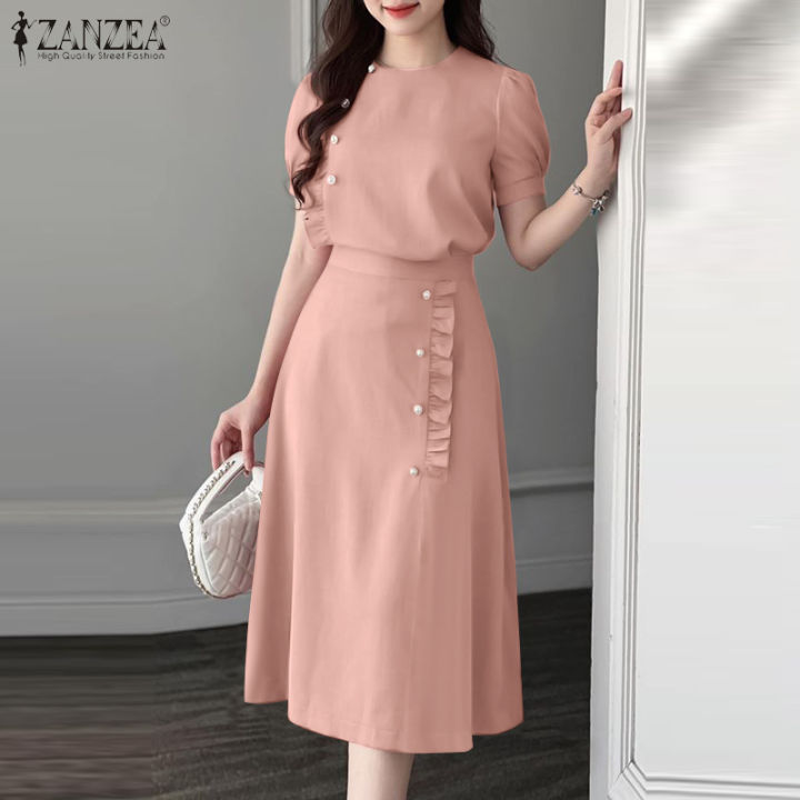 ZANZEA Korean Style Women's 2pcs Suits Short Sleeve Round-Neck Ruffled ...