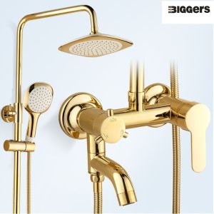 Shower set kamar mandi warna emas kuningan keran shower air panas dingin dengan kepala pancuran curah hujan 8 inci dan hand shower