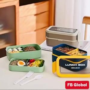 2Tier Lunch  with PP Cutlery Meal  with Separator Baffle Microwaveable Lunch  Tupperware Bekas Makanan 飯盒
