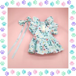 【Daily Deals】 Whisker Blue Floral Print Set Dog Dress for Shih Tzu Bowknot Hairpin Puppy Female Flower Clothing Baby Cat Dress Pet Birthday Gown