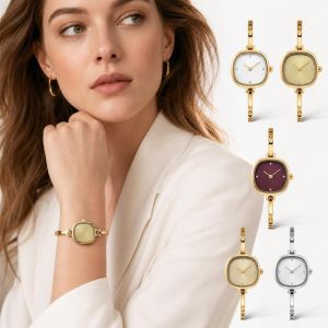 LUMIYA Ultra-thin Curved Strap Square Bangle Watch Thin Metal Bracelet Solid Color Dial Minimalist Watch for Women Fashion Bracelet Wristwatch
