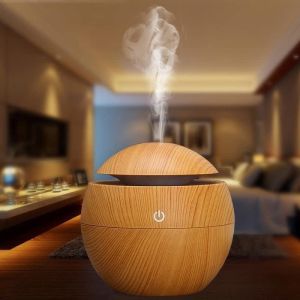 Máy Khuếch Tán Tinh Dầu Mini Làm Thơm Phòng. Máy Đa Chức Năng Hình Tròn 200ml Vân Gỗ Đèn Led Đổi Màu