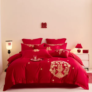 Bedding four-piece set high-end Chinese wedding four-piece set festive embroidery bedding set wedding bed sheet quilt cover four-piece set (bed sheet * 1 quilt cover * 1 pillowcase * 2)