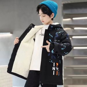 Boys Warm Hooded Winter Jacket Kids Fashion Letter Plush Fleece-Lined Cotton Parka Coat 5-12 Years Outdoor Sports Outerwear2026
