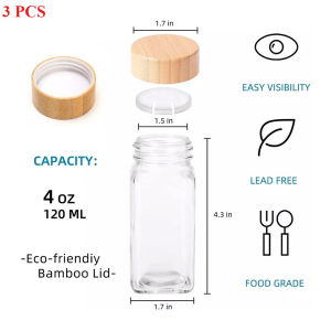 4oz Herbs Spices and Seasonings Square Containers Seasoning Glass Spice Storage with Bamboo Cover