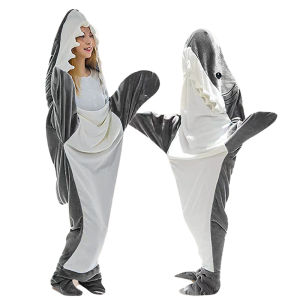 Adult Shark One-Piece Blanket Flannel Cartoon Pajamas Homewear Hooded Shark Night Robe Sleeping Bag Office Air Conditioning Plush Blanket