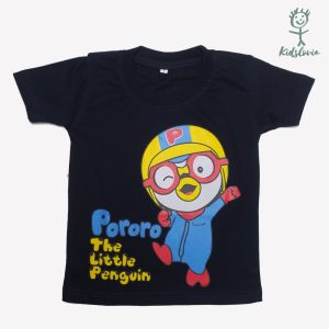 Kaos Anak Motif Pororo Bahan Katun untuk Anak Usia 1-6 Tahun dan Balita Warna Hitam