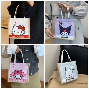 GDRGHJN การ์ตูนลายการ์ตูน กระเป๋าผ้าใบพิมพ์ลาย เมโลดี้ กระเป๋าถือผ้าลินิน แบบพกพาได้ จุได้มาก กระเป๋าโท้ท Kuromi หญิง/หญิง