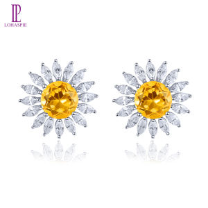 Lohaspie Jewelry Original 2 Carat Solid Sterling Silver 925 Stud Earring Natural Citrine Stud Earring Flower Yellow Gemstone Stud Earring For Women Wedding Jewelry Gift