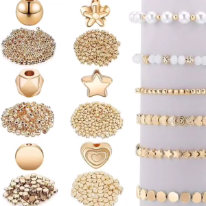 ลูกปัดทองคำลูกปัดสำหรับทำเครื่องประดับไข่มุกปลอมทรงกลมแบนสำหรับสายรัดยืดหยุ่นลูกปัดตัวอักษรสำหรับทำสร้อยข้อมือ