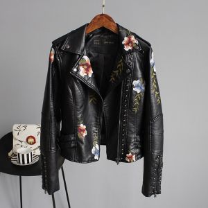 XueChur 2023 Women Floral Print Embroidery Faux Soft Leather Jacket Coat Turn-down Collar Casual Pu Motorcycle Black Punk Outerwear