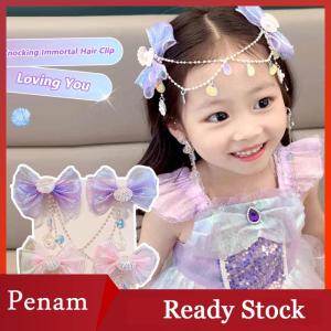 [PAM] Cartoon Girls Hair Clip Children Mermaid Princess Fringe Pink Purple Bow Forehead Chain Hairpin Fairy Earhook Accessories