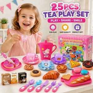 Kids Pretend Play Tea Set 25Pcs Afternoon Tea Tableware Fruit Cutting Kitchen Toy Gift PH