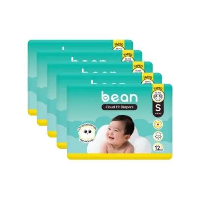 [Bundle of 5] bean Cloud Fit Taped Diapers Small (4-8 kg) - 150 pcs