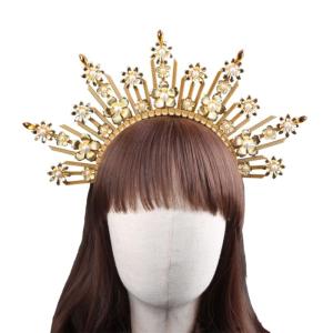 SunGoddess Crown Headband for Women VirginMary Baroque Style Hairband Party Wedding Halloween Headpieces