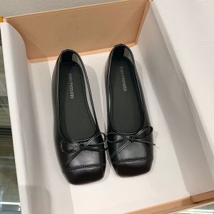 Womens Flat Bow Ballet Style Shoes Leather Square Toe