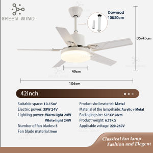 【PH+COD】GREEN WIND Ceiling Fans 42 inch Ceiling Fan with Light Tricolor Chandelier 6 Speeds Wind Silent Fan Light for Living Room