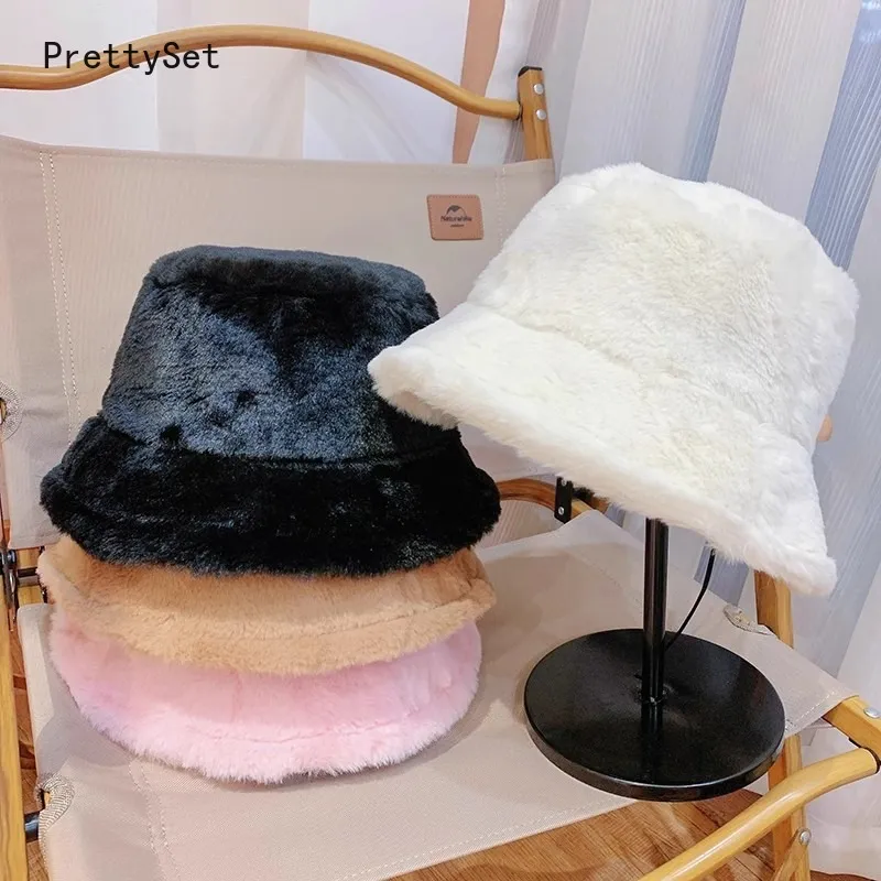 Unisex Harajuku Bucket Hat Solid Men Fishing Fisherman Hat Autumn Winter  Lamb Wool Outdoor Warm Panama Cap For Women Color: Black, Size: 56-58cm