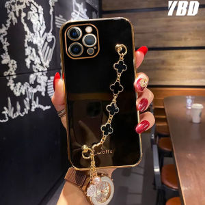 YBD Ốp Điện Thoại Mạ Cạnh Thẳng Cho Infinix Tecno Pop 5 Lte Ốp Bảo Vệ Máy Ảnh Chính Xác Ốp Phong Cách Cô Gái Dễ Thương Với Vòng Tay Cỏ Bốn Lá