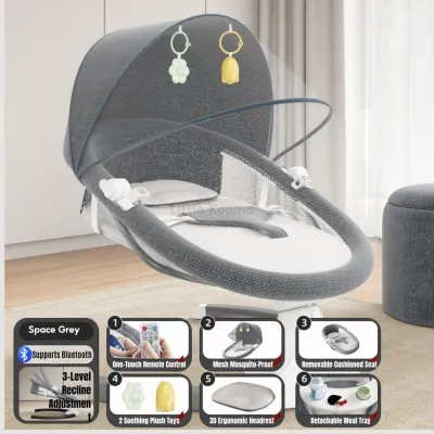 Electric Baby Rocking Chair with Bluetooth Music Remote Control & Mosquito Net – Adjustable Swing & Recline