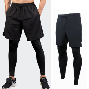 2in1 Mens Gym Training Sports Fitness Pants Cycling Shorts Jogging Shorts Quick Dry Black Leggings Sweatpants