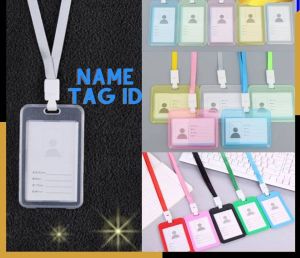 Name Tag Id Card Transparant Gantungan Kartu Nama Plastik Vertical Lanyard Potrait Motif Polos Warna Warni Tanda Pengenal Bening