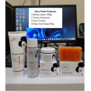 ( BPOM ) Baru Paket Kojie san 4in1 / / Body Lotion 100g / Toner+Cleanser 100ml / Face Lightening Cream 30gr / Kojic Acid Soap & Kojic Soap With HydroMoist 65g Original 100%