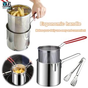 [Uetech] Deep Fryer Pot with Strainer & Food Tongs Stainless Steel Milk Warmer Pot Portable Cooking Pot Chicken Fried Cooking Tools