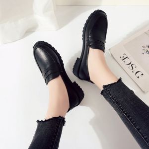 Free Shipping WomenS Single Shoes 2026 Spring Collection Korean Style Chunky Heel Casual Shoes Preppy Style Small Leather Shoes Round Toe Slip-On Trendy