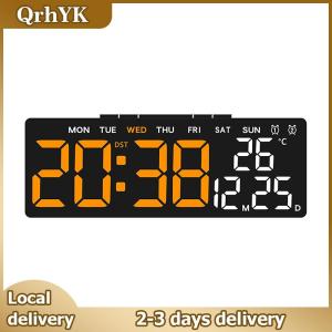 QrhYK Digital Wall Clocks LED Alarm Clock Large Display Table Clock Wall-mounted Multi-functional Temperature Date Calendar Home 12 24H Voice Control Degital For Bedroom Living Room Home Decor