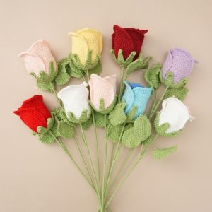 Q-1151 STORE Handmade Crochet Flowers 45cm Length Big Rose Knitting Flowers Creative Non-Fading Artificial Flowers Home Decor