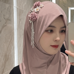 OEUVR Soft Fabric Flower Tassel Hijab Cap Breathable Elastic Head Wrap Elegant Polyester Pre-Tied Headscarf Women