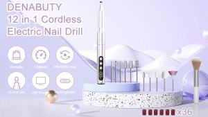 Máy mài móng điện không dây 35000 vòng/phút máy dũa móng điện cầm tay Máy mài móng tay có màn hình LCD và 12 đầu mài dùng cho móng tay acrylic và gel bộ dụng cụ chuyên nghiệp cho việc chăm sóc móng tay và móng chân màu hồng.