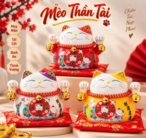 Mèo Thần Tài Tiết Kiệm 12x11cm Có Khe Nhét Tiền | Mèo Chiêu Tài Decor Bàn Làm Việc Kèm Đệm