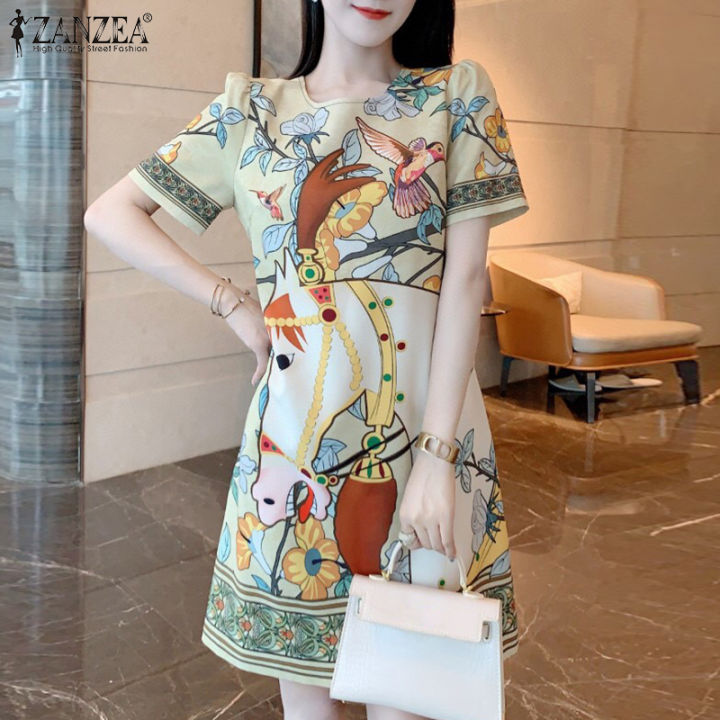 ZANZEA Korean Style Women's Dresses Elegant Short Sleeve Round Neck ...
