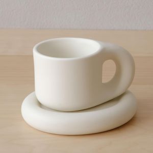 WENSHUO Ceramic Coffee Mug with Saucer Cute Chubby Cup 9 oz Matte Crème