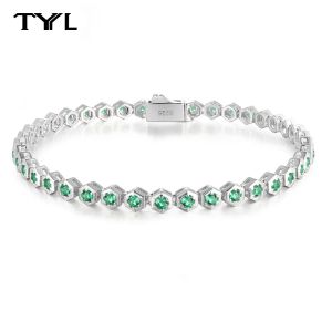 TYYL 2mm Lab Grown Emerald Tennis Bracelet for Men 925 Silver Hexagonal Honeycomb Bezel with Gemstone Womens Bangle Jewelry New