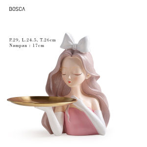 Bosca Living - Alice in Wonderland Cute Girl Ornament With Gold Tray / Patung Pajangan Dekorasi Ruangan Girl / Patung Dekorasi dengan Nampan Tray / Tempat Penyimpanan Kunci Jewelry dan Tray Serbaguna / Hiasan Meja Nordic / Organizer Meja