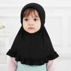 GOXBERK Breathable Girls Neck Shawl Solid Color Crinkles Texture Children Islamic Headscarf Easy To Wear Fancy Kids Hijab Turban Cap Hair Accessories