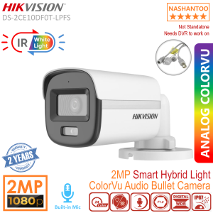 (2025 New) HIKVISION DS-2CE10DF0T-LPFS 2MP Smart Hybrid Light New ColorVu Audio Analog Bullet Camera 1080P 24/7 Color 3D DNR Built-in Mic 4 IN 1(TVI/AHD/CVI/CVBS) CCTV Camera NASHANTOO