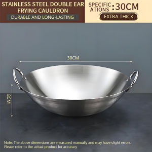 Stainless Steel Uncoated Wok Pan with Glass Lid Solid Ears and Heat-Resistant Handles