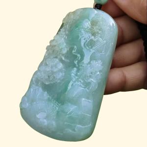 High Quality Light Green with Yellow Natural Type A Jadeite Jade crafted with sceneries as Pendant certificate weighs 78.02 grams measurement 66.1 * 40.5 * 13.3 mm (pendant280)