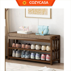 【COZYCASA】Sponge Cushion Bamboo Shoe Rack Bench | 2-Tier Entryway Shoe Storage Organizer