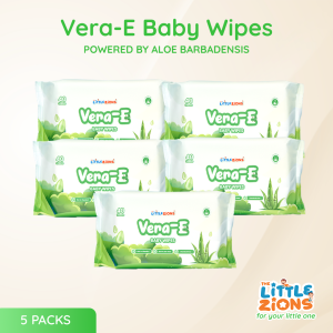 Vera-E Baby Wipes 5 Packs/ 200 sheets - No Alcohol Safe for Sensitive Skin Hypoallergenic Mild formulation Rich in Vitamin E. With Aloe Vera Honeysuckle and Oat extract. (The Little Zions)