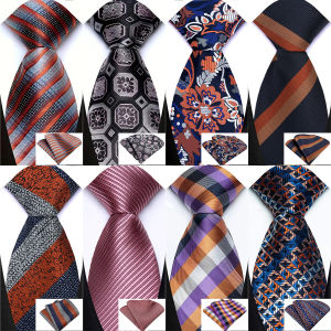 Fashion 8cm Mens Tie Orange Brown Yellow Striped Plaid Necktie Handkerchief Set Pocket Square Tie Set for Wedding Business Party