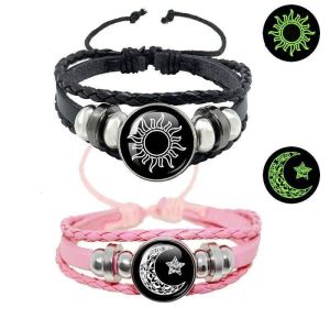 2PCS/SET Gemstone Leather Hand Sun Moon Bracelet Sun Moon Lovers Gift Multi Layer Bead Couple Gift
