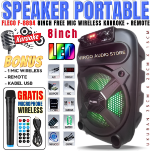 Speaker Bluetooth Fleco F 8894 8 Inch Free Mic Wireless Karaoke + Remote - Speaker Karaoke Full Bass | Salon Aktif Extra Power Full Bass F-8894 Bt/Aux/Fm Radio/Sd Card - Vas
