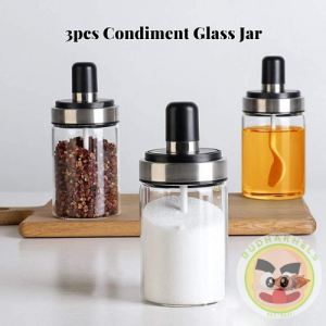 3PCS Glass Spice Canister With Lid and Spoon | Only Seal Glass Jar With Spoon | 3PCS Seasoning Bottle Dispensers | Jam Bottle Kitchen Storage Container | High Quality Spice Seasoning Oil Storage Tank