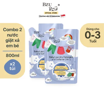 Combo 2 Túi Nước Giặt Xả Vải Em Bé Dưỡng Da Không Chất Tẩy BZU BZU Baby Laundry Detergent and Softener 2 in 1 Dịu Nhẹ Cho Da Bé 800ml
